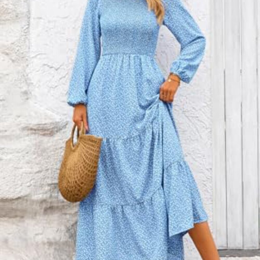 Flowy Floral Maxi Dress Smocked Tiered Long Sleeve Spring Boho Chic - Picture 7 of 8